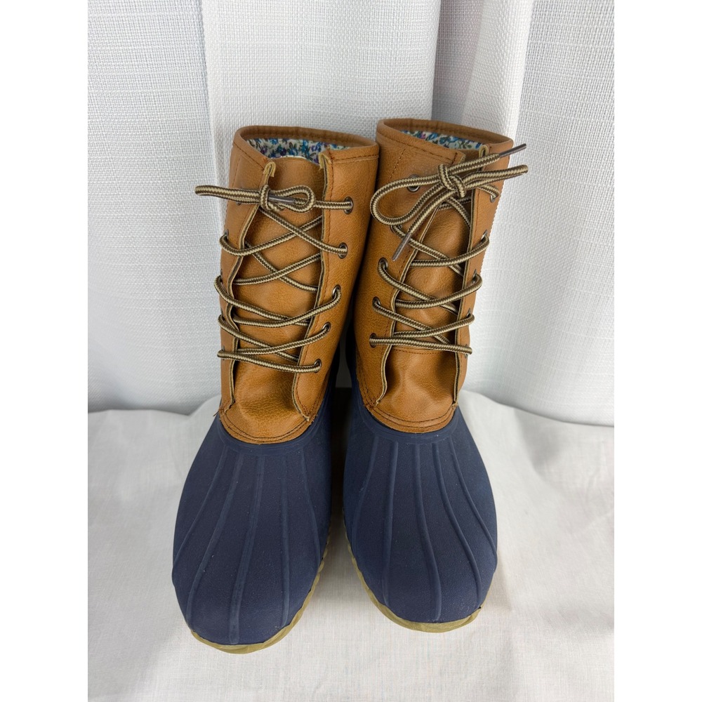 Blue Suede Shoes Womens Navy Tan Duck Boots Floral Lined Rain Snow Size 9